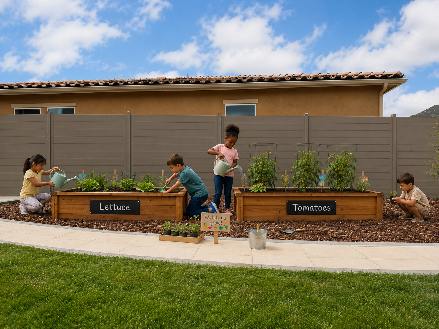 Children watering plants in the daycare garden